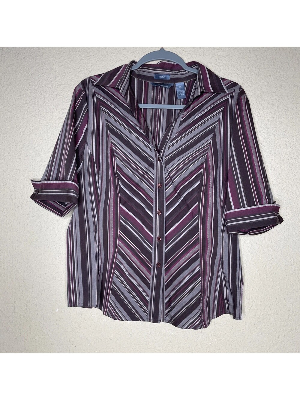 Hillard & Hanson Button Up Women’s Blouse Size XL Cuffed 3/4 Sleeves Stripes